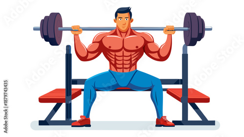 "Create a highly detailed, medically accurate 3D rendering of a fit male athlete performing a barbell bench press exercise on a flat bench. The illustration should use an anatomical overlay to highlig