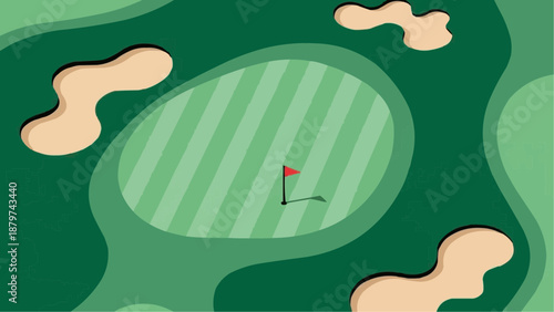 A top down view of a golf green with a flag surrounded by sand traps and lush grass
