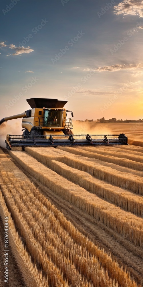 Fototapeta premium Combine harvester harvests wheat in field.