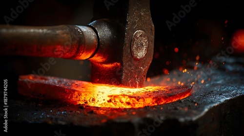 Close up of blacksmith forging hot metal.