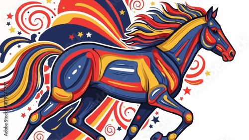 A vibrant illustration portrays a galloping horse adorned with bold stripes and swirling colorful patterns evoking energy