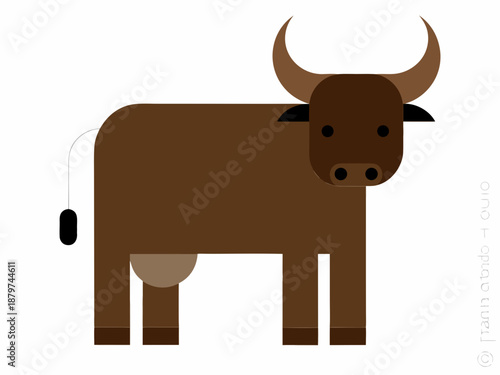 Simple illustration of a brown bull with distinctive horns and tail