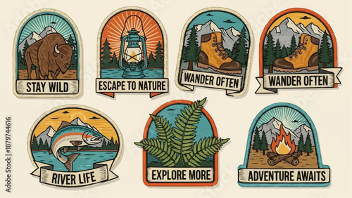 A collection of vintage style outdoor adventure patches showcasing wildlife landscapes and camping elements high quality professional