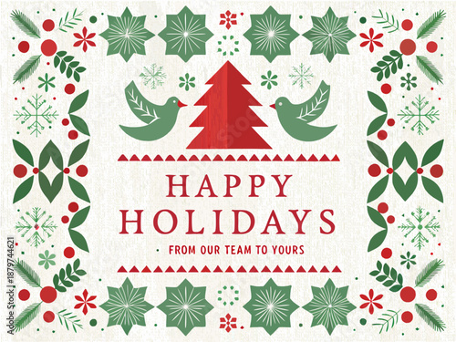 Holiday Greeting Card with Christmas Tree and Birds Design