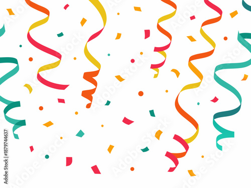 Colorful confetti and streamers falling against a clean white background