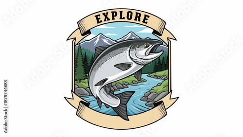 A vintage style badge featuring a leaping salmon mountainous terrain and a serene river landscape beautifully illustrated