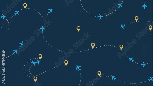 A dark blue background features airplanes in flight and golden location pins connected by dotted lines suggesting travel routes