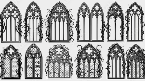 Ornate gothic windows with intricate designs and floral embellishments are displayed in a repeating pattern across the image