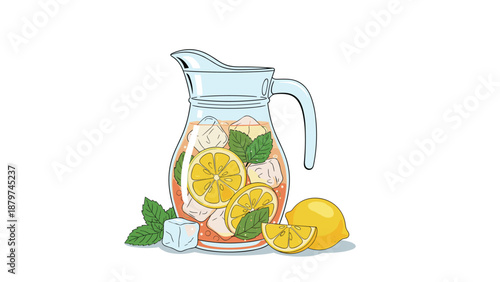 Refreshing glass pitcher of lemonade filled with ice cubes, fresh mint leaves, and sliced lemons on a white background.