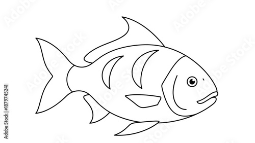 Simple black and white line art illustration of a swimming fish with a prominent dorsal fin on a plain white background.