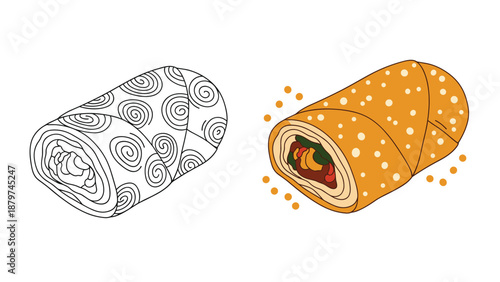 Delicious food wrap or burrito shown in both a detailed black line drawing and a colored version with visible fillings.