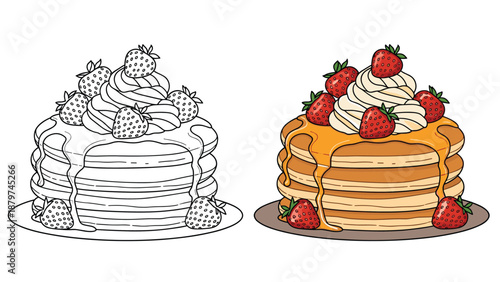 Mouth-watering stack of pancakes topped with syrup, whipped cream, and fresh strawberries in outline and colored versions.