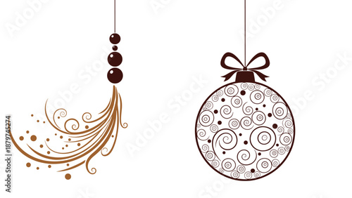 Elegant brown-toned hanging Christmas ornaments including a tassel and a swirl-patterned bauble on a white background.