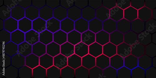 Abstract dark hexagon pattern on red neon background technology style. Modern futuristic geometric shape web banner design. You can use for cover template, poster, flyer, print ad. Vector illustration