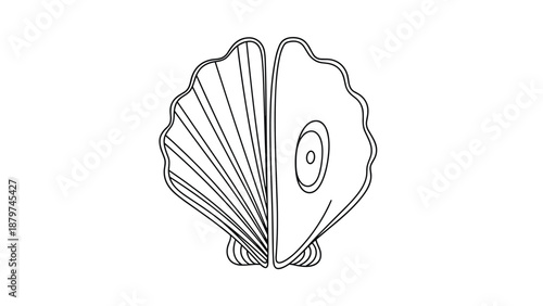 Simple line drawing of an open clam shell revealing a precious pearl inside, presented on a plain white background.