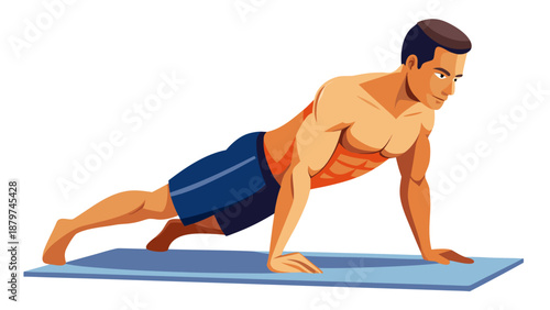"Create a highly detailed, medically accurate 3D rendering of a fit male athlete holding a plank exercise on a yoga or exercise mat. The illustration should use an anatomical overlay to highlight the 