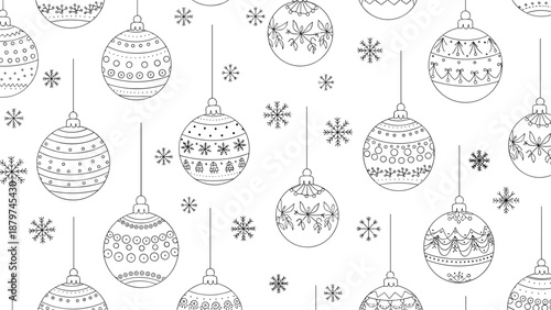 Intricate black and white pattern featuring detailed Christmas ornaments and delicate snowflakes on a white background.