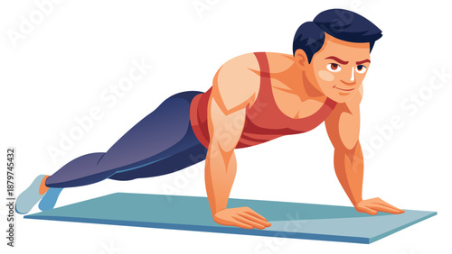 "Create a highly detailed, medically accurate 3D rendering of a fit male athlete holding a plank exercise on a yoga or exercise mat. The illustration should use an anatomical overlay to highlight the 