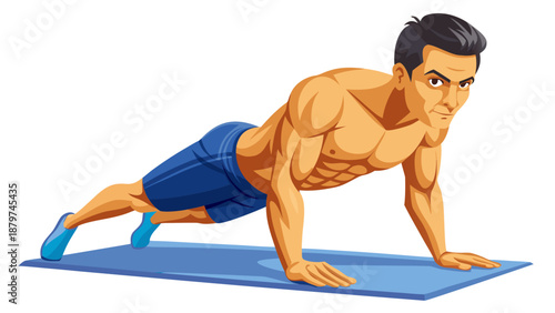 "Create a highly detailed, medically accurate 3D rendering of a fit male athlete holding a plank exercise on a yoga or exercise mat. The illustration should use an anatomical overlay to highlight the 