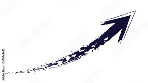 Dark blue distressed brush stroke arrow pointing upwards symbolizing growth, progress, success, and positive financial trends on white.