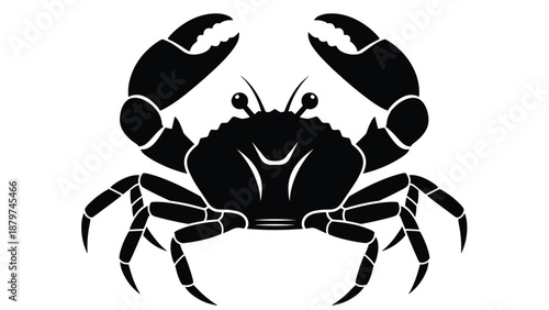 Solid black silhouette of a crab with large claws isolated on a white background perfect for seafood menus or nautical themes.