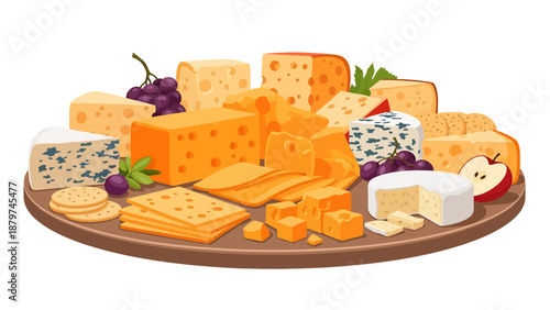 Assorted cheeses, grapes, and crackers on a wooden platter, top view, illustration