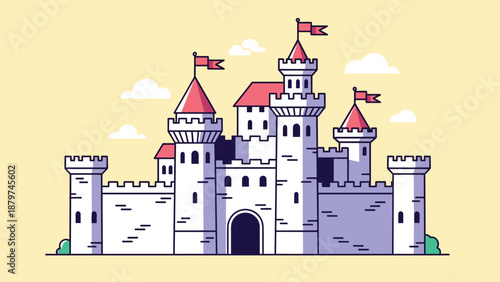 Detailed colorful flat illustration of a medieval castle with multiple towers, red flags, and white clouds on yellow background.