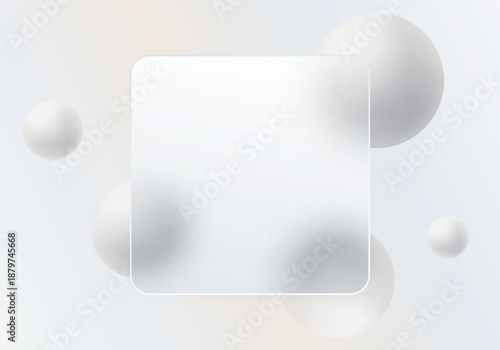 Minimal light vector background with translucent glass square panel and soft neutral spheres creating depth, balance, and modern premium atmosphere.