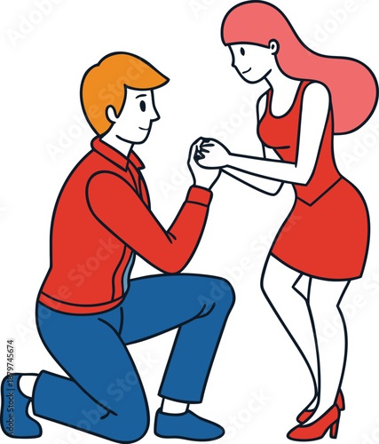 A man in a red jacket kneels to propose to a woman in a red dress, holding her hands, romantic moment, vibrant colors, clean lines, proposal modern creative