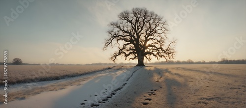 Landscape with old oak tree and path trail in snow covered field.