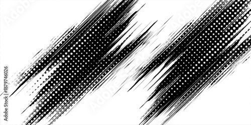 Glitch distorted grunge layer . Noise destroyed texture . Trendy defect error shapes . Overlay grunge texture . Distressed effect .Vector shapes with a halftone dots screen print texture