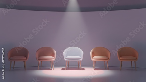 Row of empty chairs with one spotlight seat shows choice and anticipation theme, candidate selection, hr manager