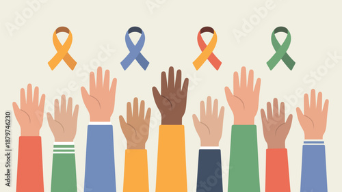 Diverse hands raised with awareness ribbons Vector