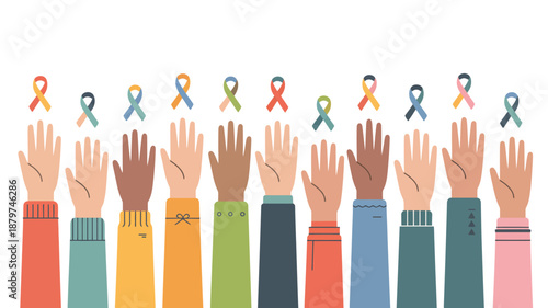 Hands raised in solidarity with awareness ribbons Vector