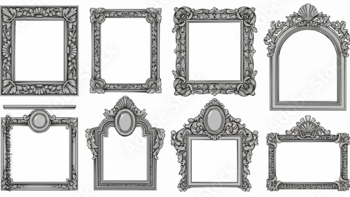 An assortment of ornate silver picture frames in various shapes and sizes are displayed against a white backdrop