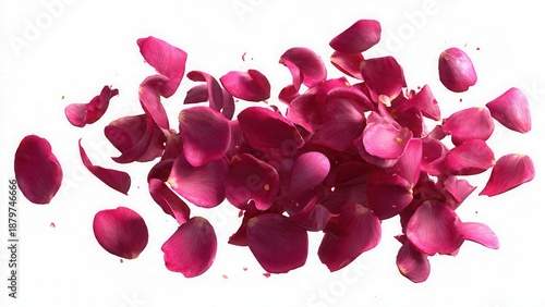 Beautiful red rose petals with matching red nail polish create a romantic heart shape on a white surface as a beautiful symbol of love and beauty for a Valentine's Day or wedding celebration