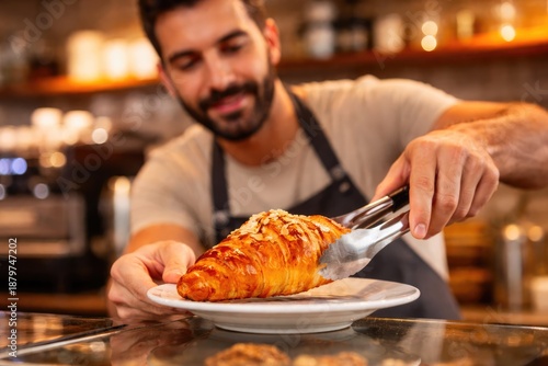 Baker Placing Fresh Croissant on Plate in Cafe
