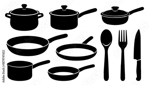 A collection of minimalist black silhouette icons with basic kitchen utensils. Vector graphics. EPS_02.
