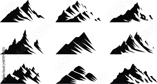 Set of detailed rugged mountain silhouette, Each mountain features sharp peaks, Mountain Shapes Collection, Vector Mountain Elements against a white background. 