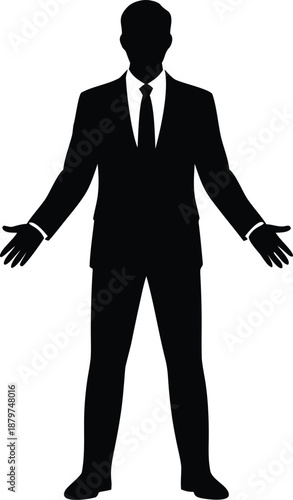 Professional male silhouette standing in formal business suit with open arms gesture representing readiness for collaboration team building human resources welcome sign and office leadership