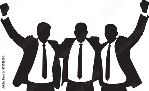 Three business men silhouettes with arms around each other on transparent background vector illustration depicting strong unity partnership and collaboration