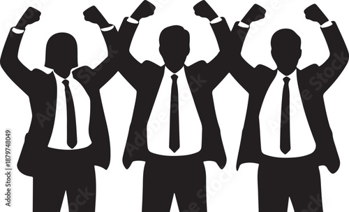 Three business men silhouettes with hands clenched into fists on transparent background vector illustration showing unity and determination towards a common goal