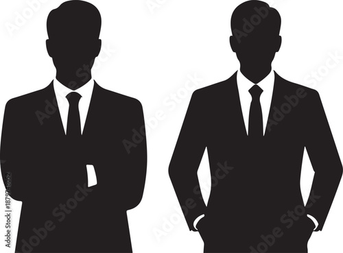 Two business men silhouettes with folded arms and hands in pockets on transparent background vector illustration depicting professional and confident stance