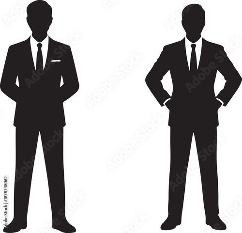 Silhouette of two businessmen standing in suits with ties and pocket squares, representing corporate professionalism and formal attire in a clear graphic style