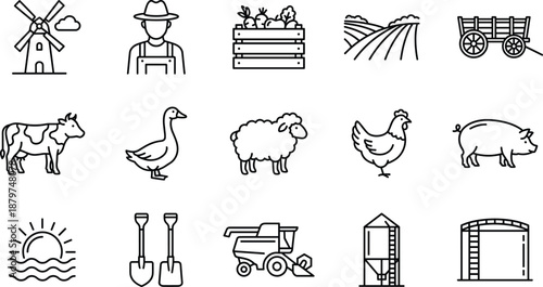 Black And White Vector Icon Set Of Farming And Agriculture Featuring A Farmer Windmill Livestock Combine Harvester Barn Silo And Fresh Vegetable Harvest