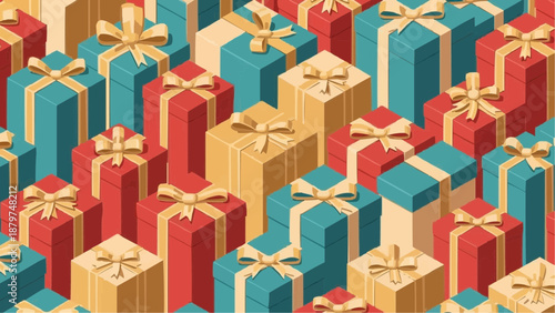 A colorful and repeating pattern of beautifully wrapped gift boxes with golden ribbons is presented in an isometric view