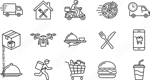 Black And White Vector Icon Set Of Food Delivery Services Featuring Courier Scooter Drone Pizza Burger Grocery Shopping Mobile App Truck And Restaurant Symbols