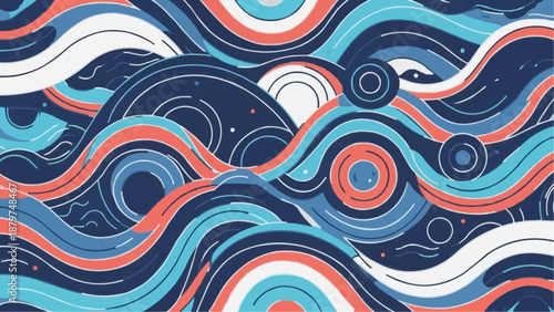 Abstract flowing lines of blue red and white create a dynamic wave pattern with circular elements
