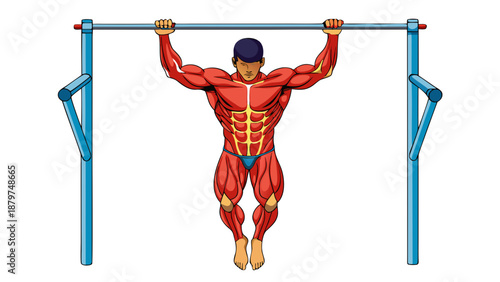 "Create a highly detailed, medically accurate 3D rendering of a fit male athlete performing a pull-up exercise on a horizontal bar. The illustration should use an anatomical overlay to highlight the a