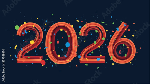 A vibrant depiction of the year 2026 rendered in bold red layered numbers with celebratory confetti